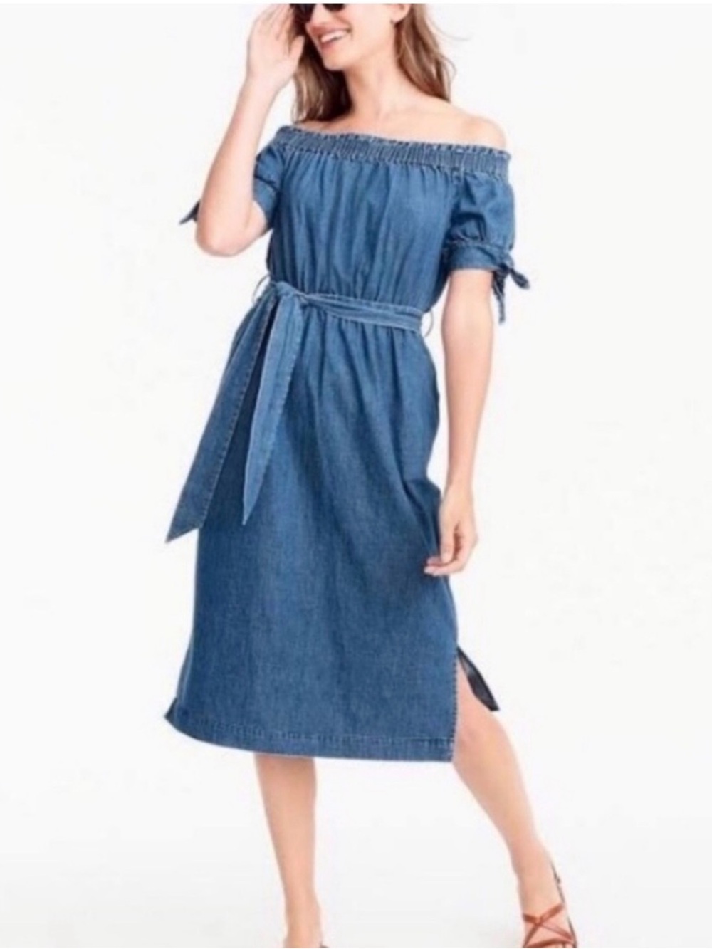 J. Crew Off-Shoulder Chambray Denim Midi Dress